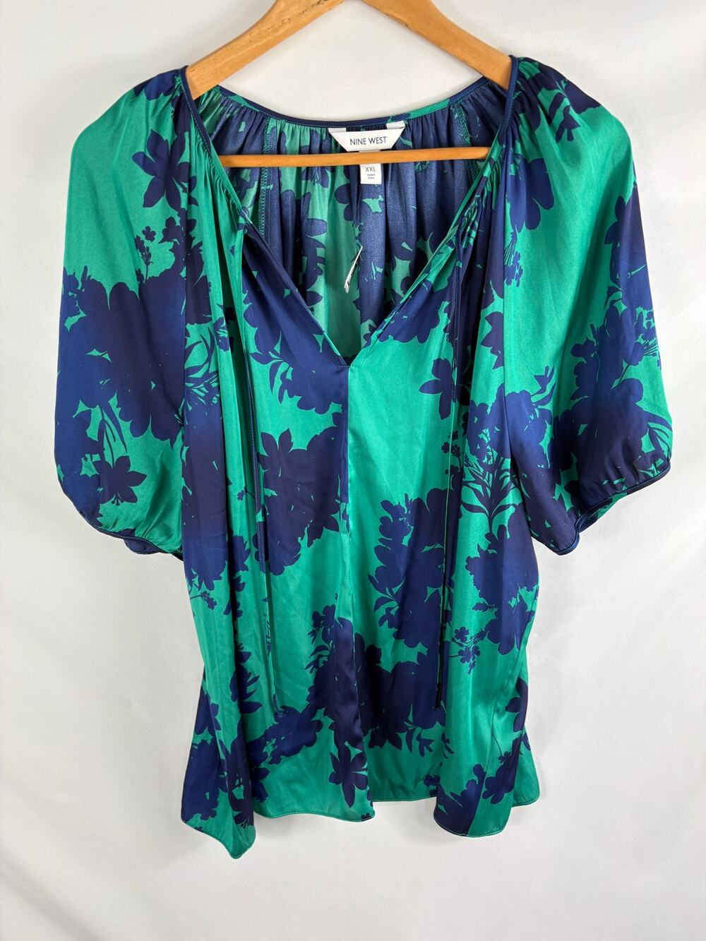 NWT Nine west Blue Green Floral Print Blouse Size XXL